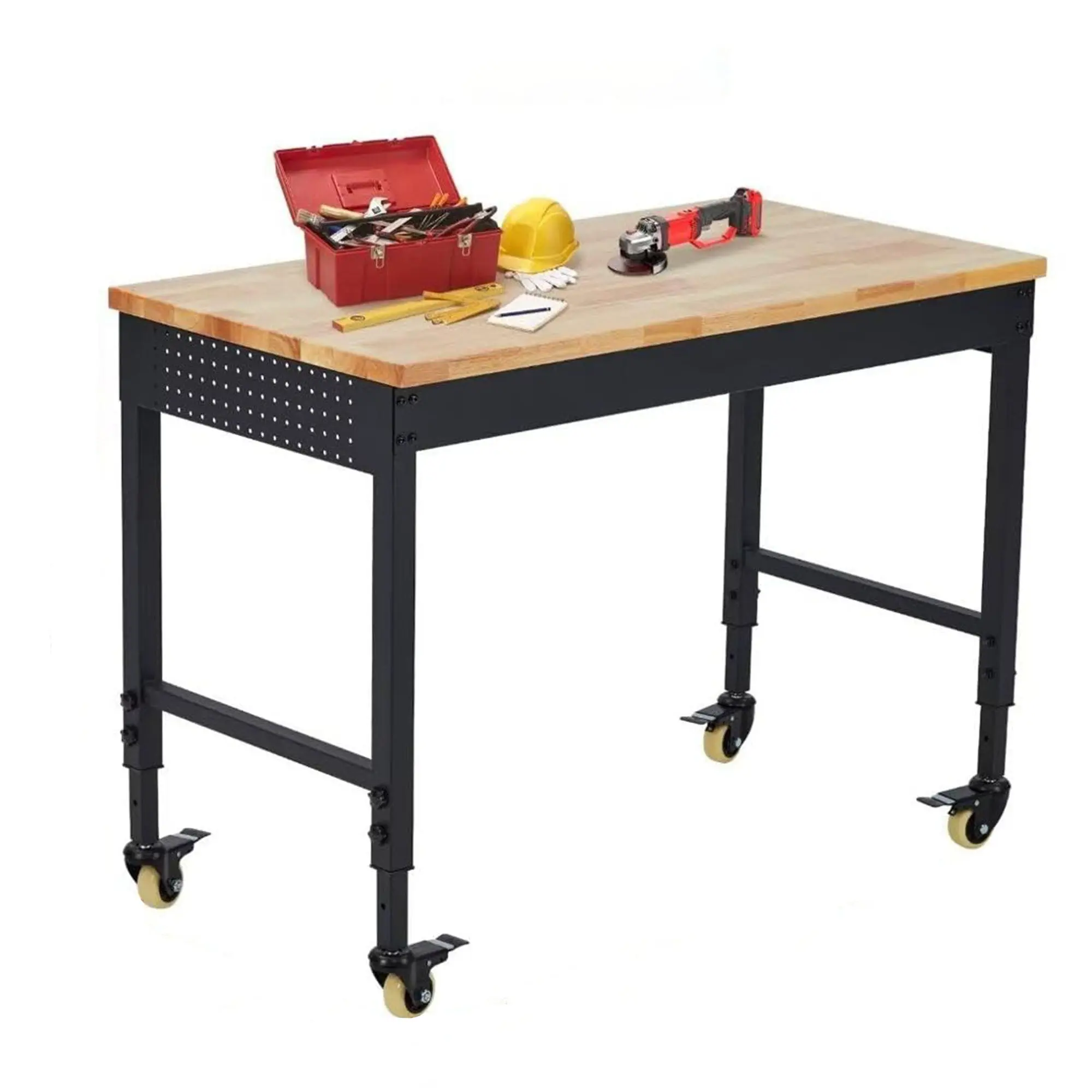 GARVEE 60"L x 22"W Adjustable Height Heavy-Duty Workbench (2000 Lbs Capacity) - Painted Rubber Wood Top, Power Outlets, Metal Frame, Swivel Wheels, 28.3"-39.5"H for Garage, Workshop