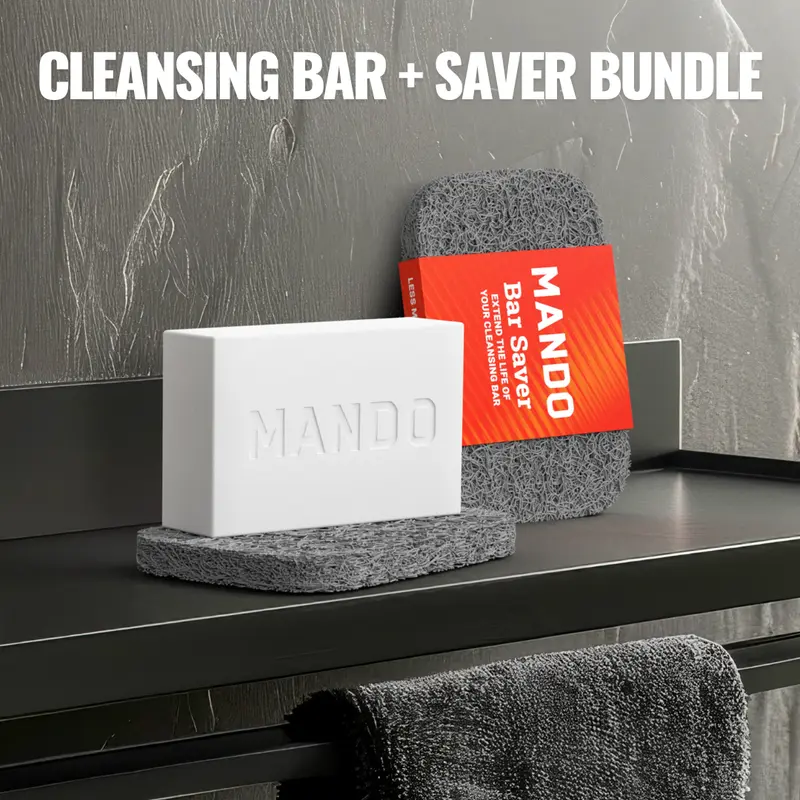 Mando Cleansing Bar (4-in-1 Shampoo, Face Wash, Body Wash & Deodorant) & Bar Saver Bundle