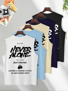 5Pcs Men's "Never Alone" Boxing Graphic Tank Top, Motivational Sleeveless Muscle Vest for Gym Workout, Casual Outdoor Loose Vest for Men, Summer Slim Fit Vest, Designer Tank Top Men, Workout Sleeveless Shirt, Luxury Brand Style Vest, Streetwear Tank Top