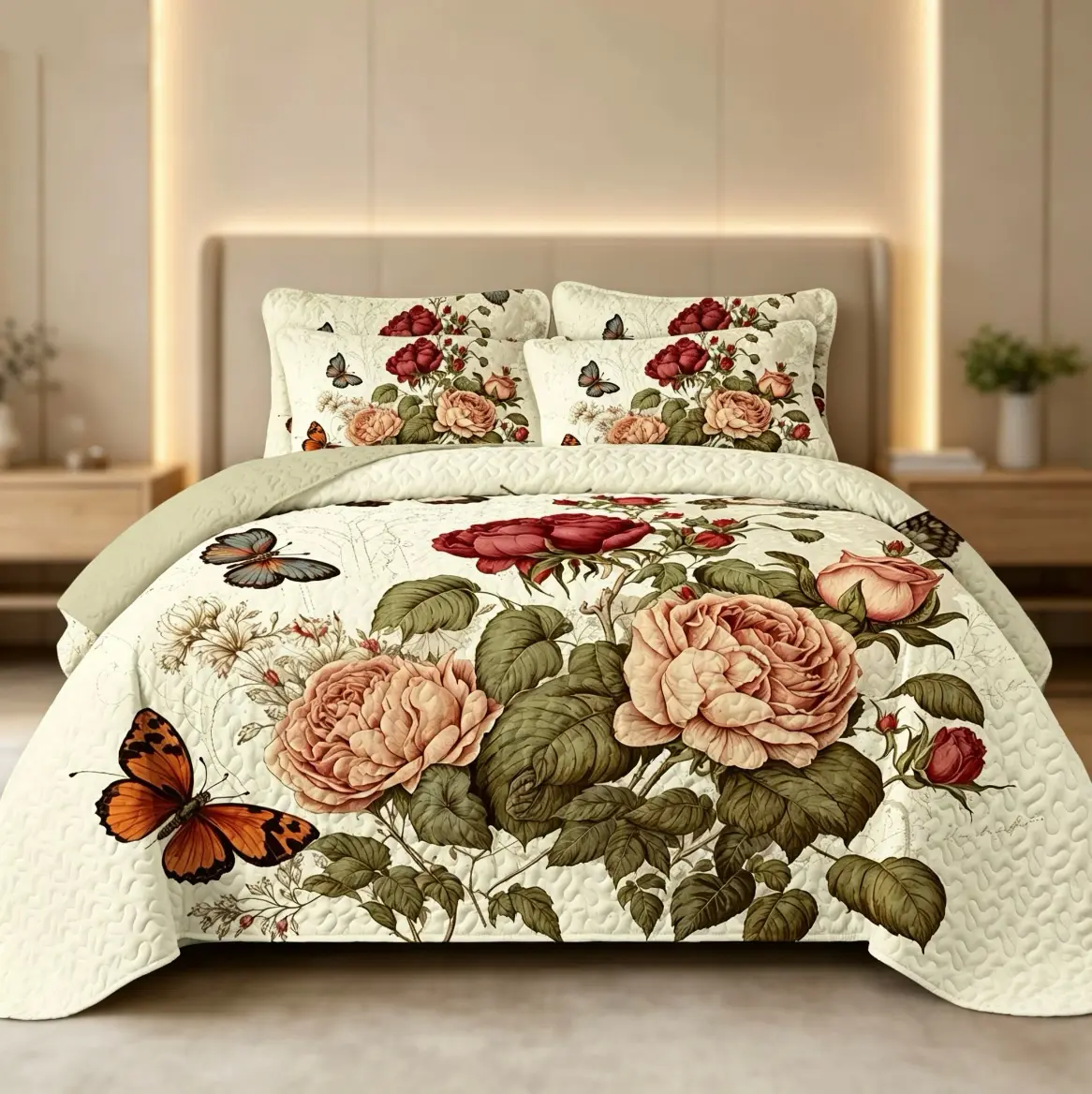 Pastoral Non-Braided Flat Weave Peony & Butterflies Quilt Bedding Set - Durable Microfiber, Soft Quilts Bedspreads, Lightweight Drape, Skin-Friendly, Multi-Size (King/Queen/Full: 2 Shams; Twin: 1 Sham) for Home Decor