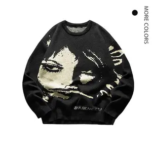 Edgy Portrait Sweater – “Darkness” featuring unique graphic design and bold text – medium size – stand out in edgy fashion for men; menswear outfit; pullover top; long sleeves; casual; FallFreshness