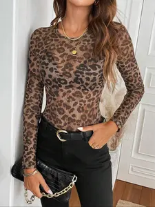 Women's Leopard Print Mesh Round Neck Long Sleeve Top, Sexy Tight-Fitting Thin Fabric Tee for All Seasons, Stylish Women's Clothing