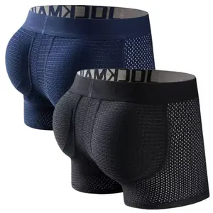 Men's Long Mesh Padded Butt Lifting Boxers for Sports, Hip Enhancer with Sponge Pad