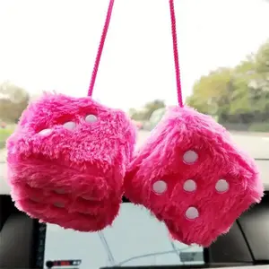Fuzzy Dice for Rear View Mirror, Pink Fuzzy Dice for Car Mirror, 2.7inch Pair of Plush Retro Square Hanging Dice with White Dots Cute Car Decoration Ornament Accessories