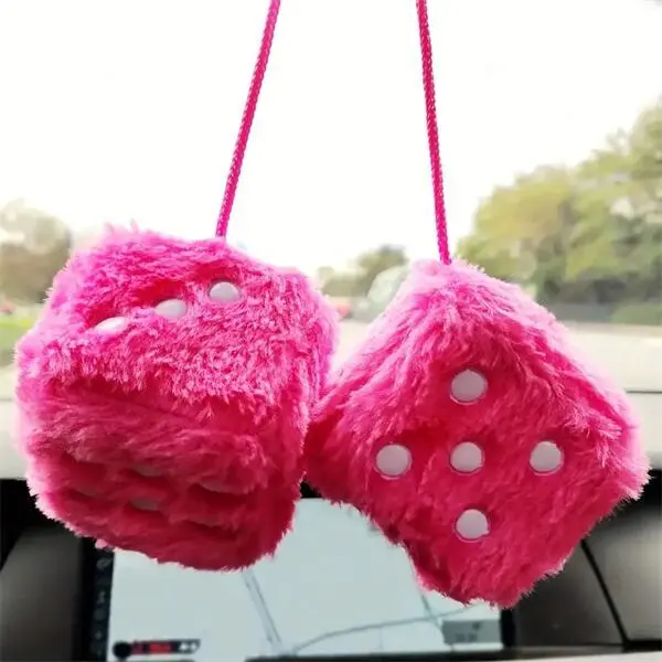 Fuzzy Dice for Rear View Mirror, Pink Fuzzy Dice for Car Mirror, 2.7inch Pair of Plush Retro Square Hanging Dice with White Dots Cute Car Decoration Ornament Accessories