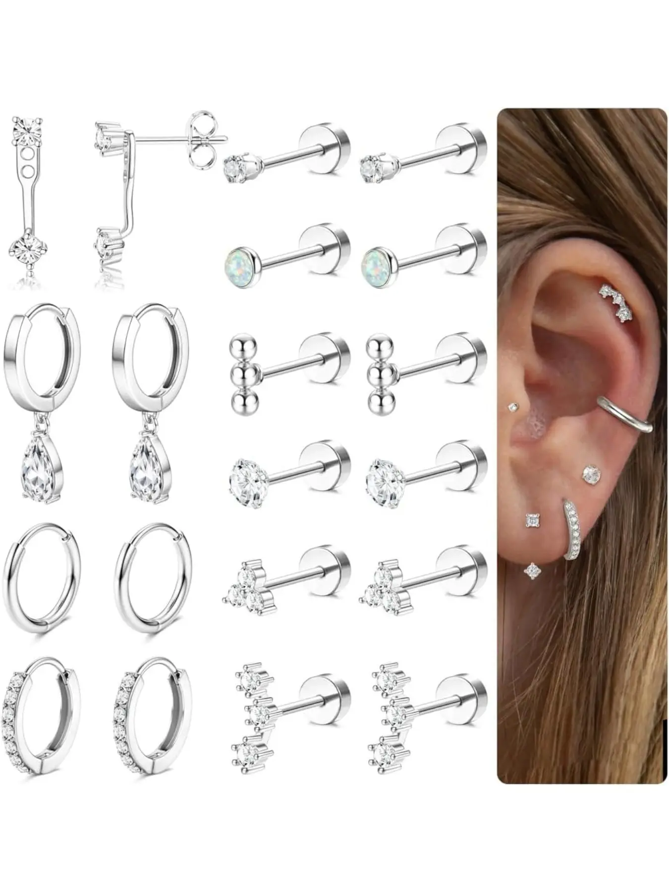 Hypoallergenic Flat Back Earrings, 14k Plated Cartilage Earring Set, 20g Stainless Steel, Trendy Earring Stacks for Women