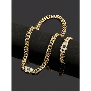 1 necklace + 1 bracelet hip hop style jewelry set frosted shiny rhinestone chain design suitable for men and women