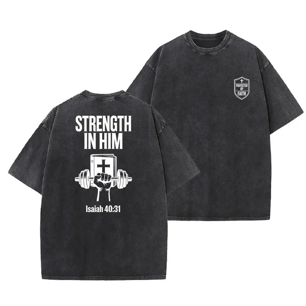 Men's Cotton Fitted Distressed Vintage Crew Neck Shortsleeve Washed T-Shirt - Christian Art Workshop "Strength in Him" Isaiah 40:31 Graphic Print, Figure-Flattering Unisex Christian Top, All Seasons, Machine Washable, Casual Streetwear, Activewear