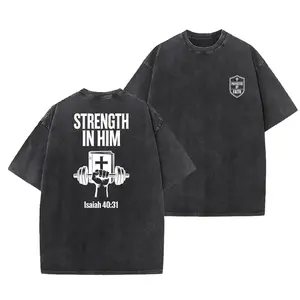 Men's Fitted Vintage Short-Sleeve Round Neck Washed T-Shirt - Christian Art Workshop "Strength in Him" Isaiah 40:31 Graphic, Casual Everyday Streetwear Christian Clothing Unisex Top, Shortsleeve
