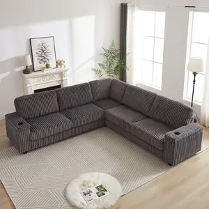 Niccae 110-Inch Oversized Corduroy Corner ,L Shaped Corner Couch with two storage spaces,USB port & Type-C port and Cup-holder , Deep Seat Comfy Upholstered Couches for Living Room(Not freely combinable) U-Shaped Modular Bed Sofa Sectional Convertible