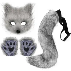 P-CPA041     Faux Fur Fox Tail Cat Wolf Cosplay Costume Set Plush Mask Fluffy Paw Gloves Halloween Christmas Party for Women