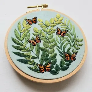 Monarch butterfly hand embroidery DIY Kit, modern embroidery pattern and supplies: beechwood hoop, DMC embroidery thread & printed fabric