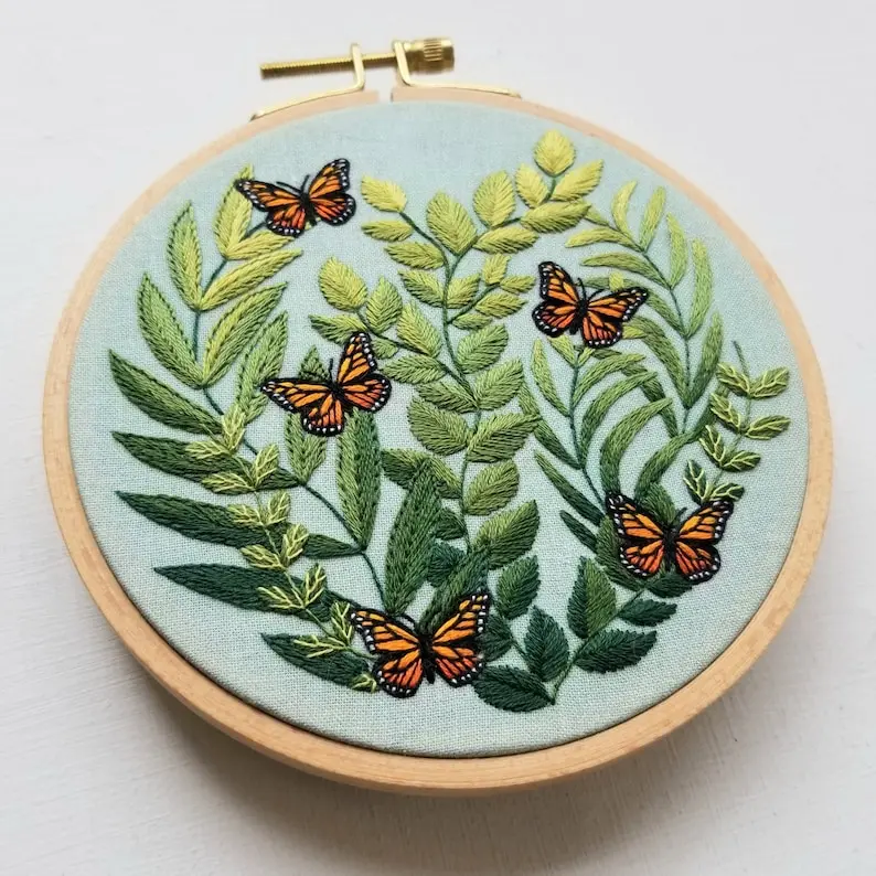 Monarch butterfly hand embroidery DIY Kit, modern embroidery pattern and supplies: beechwood hoop, DMC embroidery thread & printed fabric