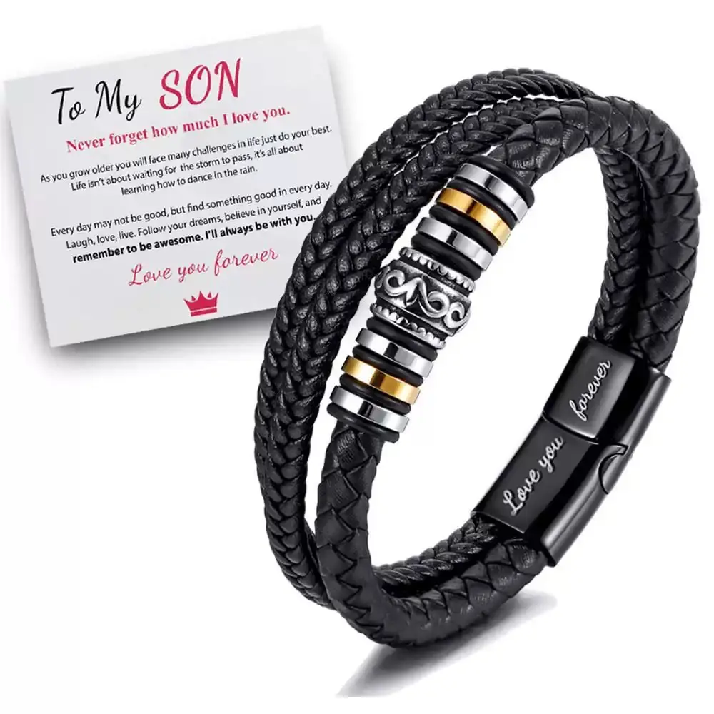 Mens Genuine Leather Multi-Layer Braided Bracelet with Stainless Steel Clasp & Metal Coating, Daily Casual Male Inspirational Gift for Son/Nephew (Birthday, Christmas)
