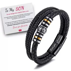 To My Son Grandson Nephew Leather Bracelet Mens Genuine Leather Multi-Layer Braided Wristband with Stainless Steel Clasp Inspirational Birthday Christmas Gift for Teen Boys