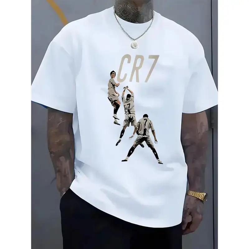 Unisex R7 Lettering Graphic Shortsleeve T-Shirt - Classic, Stylish Breathable Polyester Knit Apparel for Sports Fans, Menswear Casual Round Neck Top, Tee, Ronaldo Fans, Graphic Tee, Letters, Breathable Fabric, Casual Tee