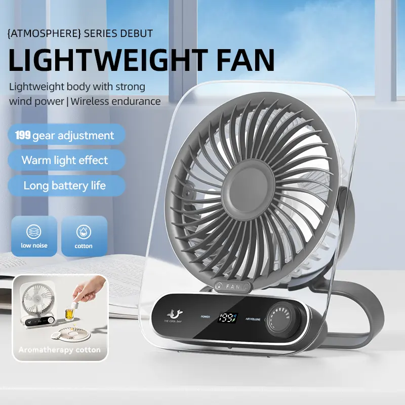 Portable Desk Fan with LED Ambient Light & Aroma Pad, 199 Speed Adjustable USB Rechargeable Fan