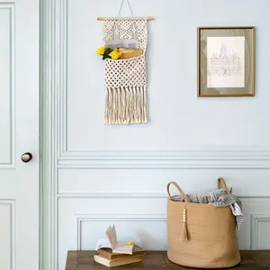 Boho Style Wall-Mounted Storage Rack, Hanging Organizer for Diapers & Bottles, Decorative Bag for Letters Toys Books, Bedroom Organization