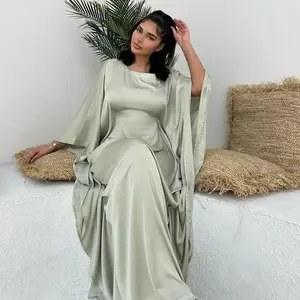 Satin Butterfly Robe Inner Belt Muslim Women’s Long Summer Dress, Dubai Turkish Islamic Clothing for Ramadan & Eid, Maxi Outfit