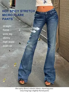 NVFelix Comfortable Low Waist Women's Wide Leg Jeans with Stretch Denim Fabric Hot Spicy Stretch Micro Flare Pants All Seasons Bottom Streetwear Basic Button Fitted