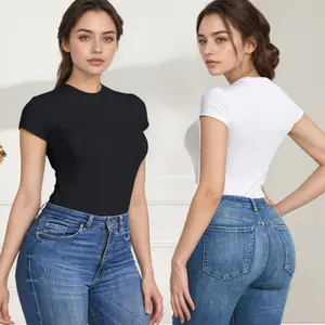 Stretchy Crew Neck Thong Bodysuit for Women Seamless Slim Fit Top for Going Out or Summer Nights