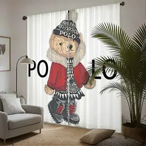 2pcs Creative Polo Bear Combo Print Curtains, Blackout Polyester Curtains for Kitchen Bedroom Office Living Room, No Rod Door Curtain