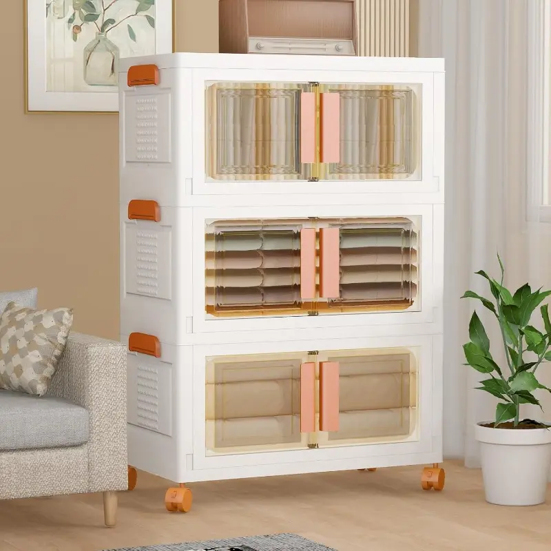 291 QT Storage Bins with Lids Folding Storage Box with Doors and Wheels Large Stackable Collapsible Storage Bins 3 Pack Closet Organizers and Storage for Home Office.