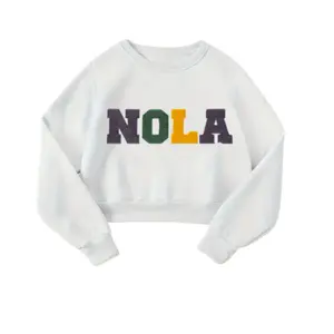 Nola Cropped Crewneck Sweatshirt with NOLA Sequin Patch, White, Casual Style for Mardi Gras Season - Pullover, Womenswear, Tops, Comfort, Hoodie