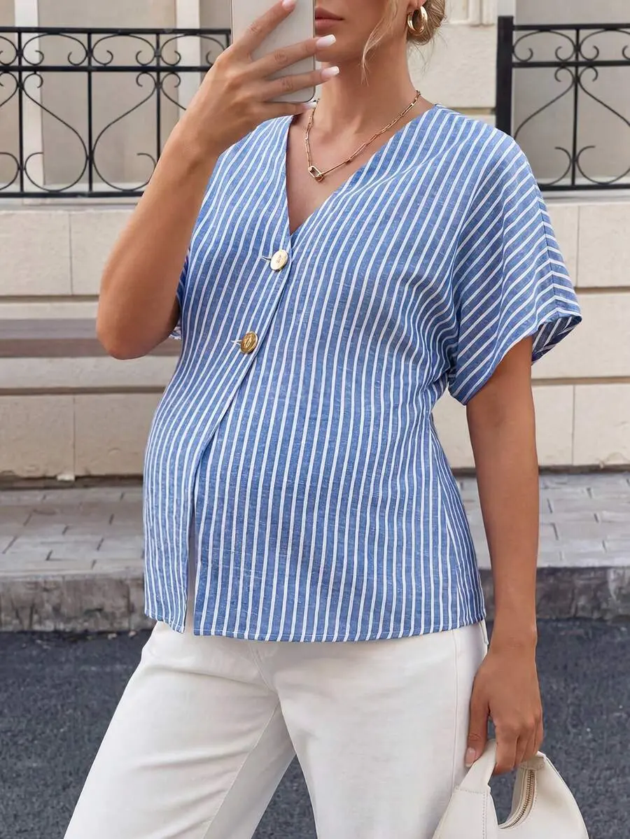 ROSY x MaterniWear Maternity Dusty Blue Summer Casual Striped Cotton Blouse, V-Neck Batwing Sleeve Loose Work Top, Business Office Wear For Women