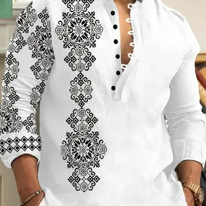 Men'S Fashion Striped Patterned Long Sleeve Shirt, 100% Polyester Stand Collar Button-Up, Regular Fit Casual Woven Top for Spring/Fall, Daily & Weekend Wear