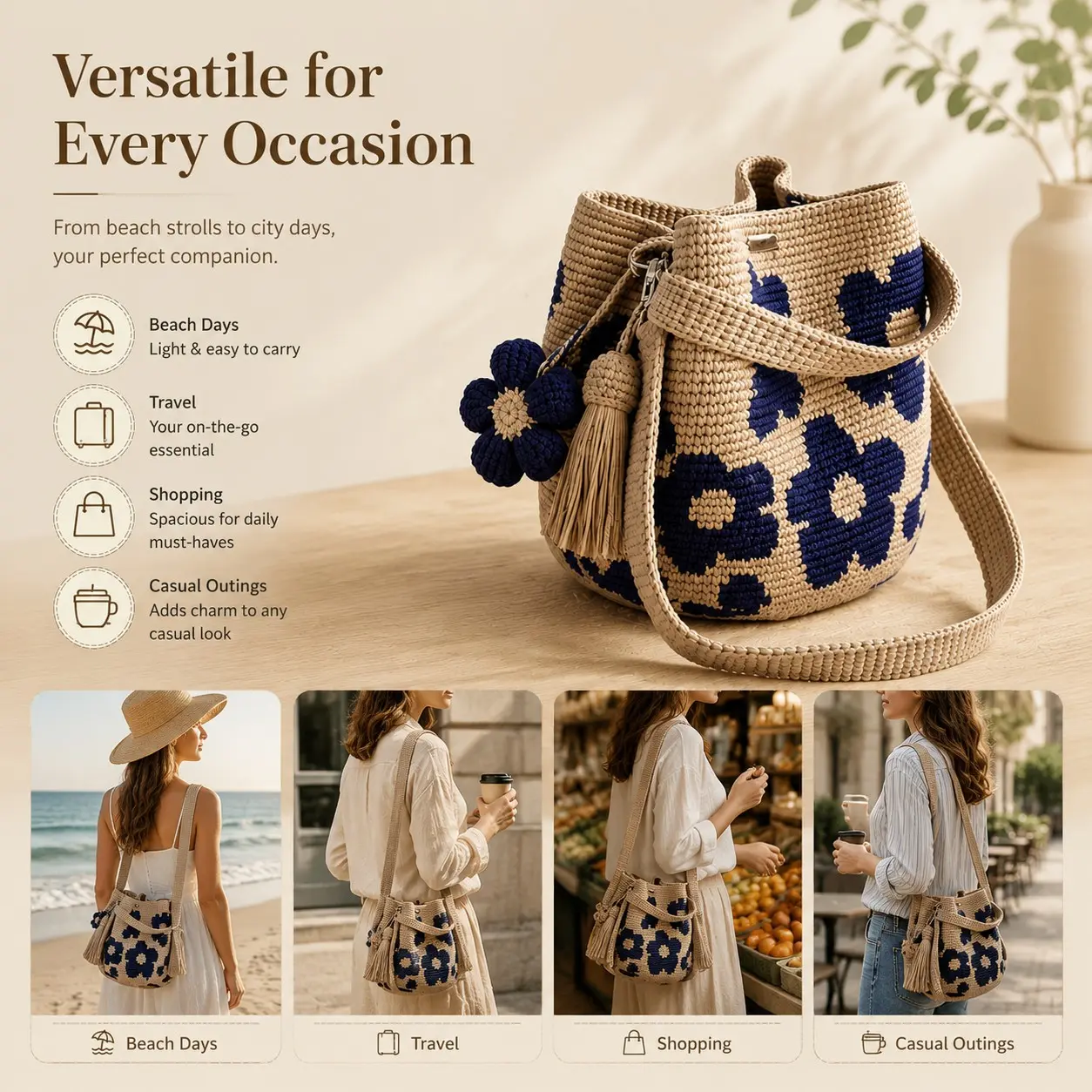 Handmade Crochet Flower Tote, Knit Floral Purse Bag, Boho Woven Beach Handbags Crossbody Shoulder Bag for Women Vacation