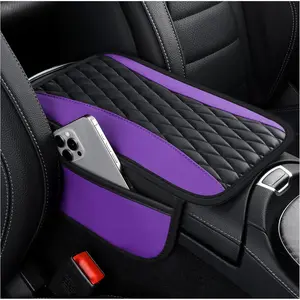 Patchwork Leather Center Console Covers for Cars, Upgraded Arm Rest Cover with Side Storage Pocket for Car Seat Organizer, Middle Console Cover Stylish Car Decoration (Purple)