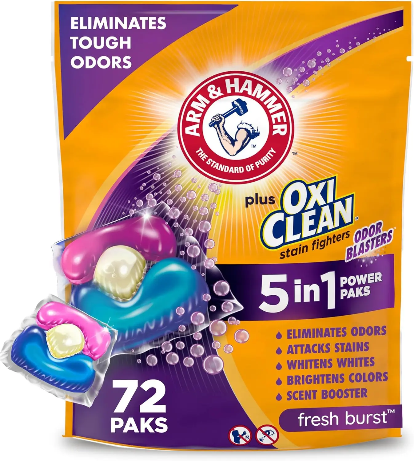 72 Count ARM & HAMMER Plus OxiClean 5-in-1 Power Paks Laundry Detergent with Odor Blasters
