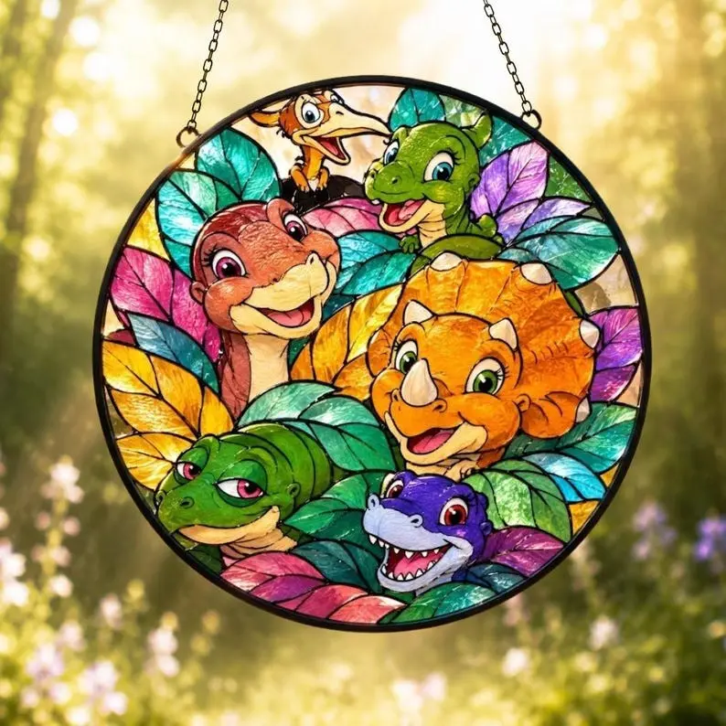 The Land Before Time Stained Glass Suncatcher, Littlefoot & Friends Window Hanging, Cute Dinosaur Nursery Decor, Gift for Dino Fans