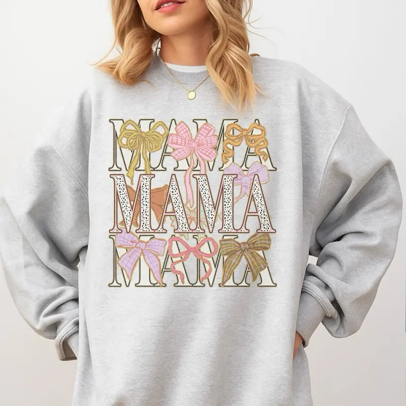 Mama - Mama Stacked Coquette Bows Sweatshirt - Ash Grey - Valentines Day Sweatshirt Pullover Soft Unisex Womenswear Hoodie Comfy Aesthetic