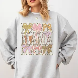 Mama - Mama Stacked Coquette Bows Sweatshirt - Ash Grey - Valentines Day Sweatshirt Pullover Soft Unisex Womenswear Hoodie Comfy Aesthetic