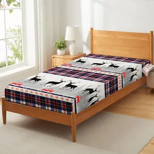 Merry Christmas Bedding Set, Xmas Deer Elk Bed Sheets Full, Colorful Checkered Grid Fitted Sheet for Kids Teens Adult, Boho Snowflake Bedding Decor Set Xmas Celebration 3 Pieces with 2 Pillow Cases