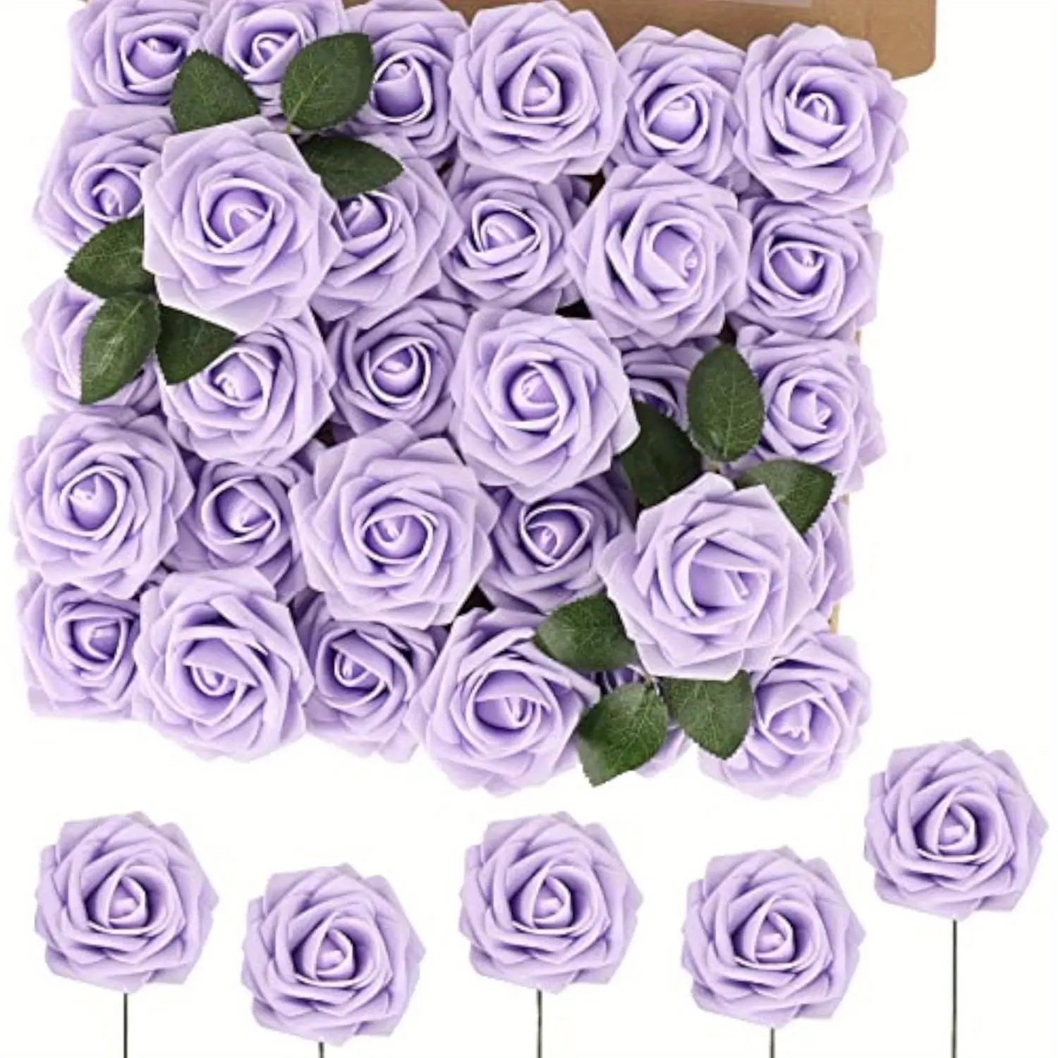50pcs Real Touch Foam Lavender Roses with Flexible Stems & Leaves - Bulk Decorative Artificial Flowers for Wedding Centerpieces, Ornaments, Gift for DIY Crafts