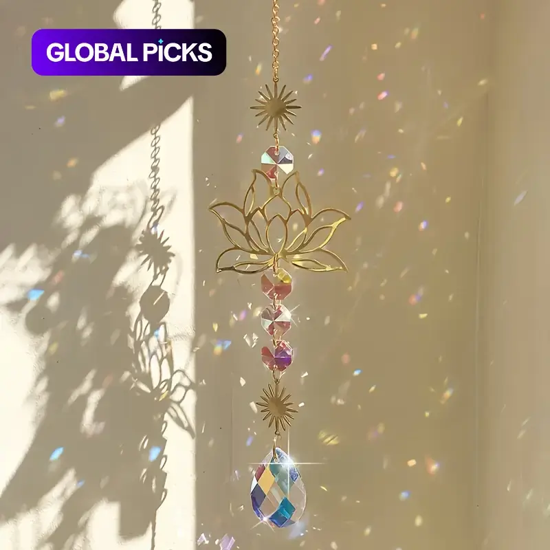 Exquisite Lotus Flower Crystal Glass Suncatcher with Prism Beads, Celestial Accents for Window Decor, Living Room Decoration, Home Hanging Decoration, Hanging Decor #GLOBAL PICKS