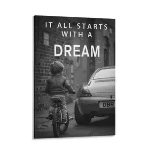 Dream Big Inspirational Wall Art Canvas Print Little Boy with Supercar Motivational Quote Poster Success Mindset Office Decor Luxury Lifestyle Canvas Artwork for Home Gym Bedroom Office