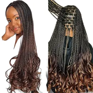 Elegant 360 Full Lace Braided Wig for Women - Double Layer Knotless Goddess Box Braid with Baby Hair, 36" Brown Black French Curly Synthetic Wig With Curly End Wigs For Women