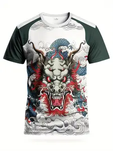 Japanese Dragon Pattern Men's Soccer Jersey | Comfortable Crew Neck Sports Top - Suitable for Matches, Training, Daily Casual Wear, and Gifting | Micro-Stretch Fabric, Geometric Pattern, Suitable for Spring/Summer/Autumn,