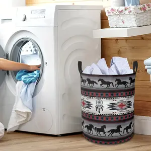 Casual Style Polyester Laundry Basket with Handles, Galloping Horse Pattern Round Hamper, Durable Foldable Clothes Organizer, Large Capacity Toy Storage Bin for Laundry Room - 16.5 X 13.8 Inches, Laundry Baskets