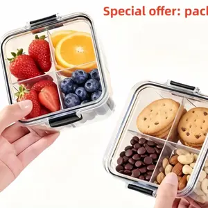 Plastic Square Food Storage Container with Lid, 4 Compartment Sealed Jar, Round Corners, Stackable Kitchen Organizer, Stackable Containers