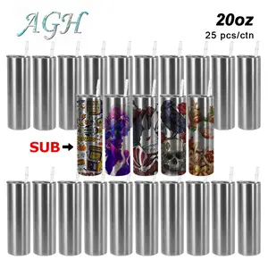 AGH 25pcs 20oz Silver Stainless Steel Sublimation Straight Skinny Tumbler with Straw Drinkware Water Bottle
