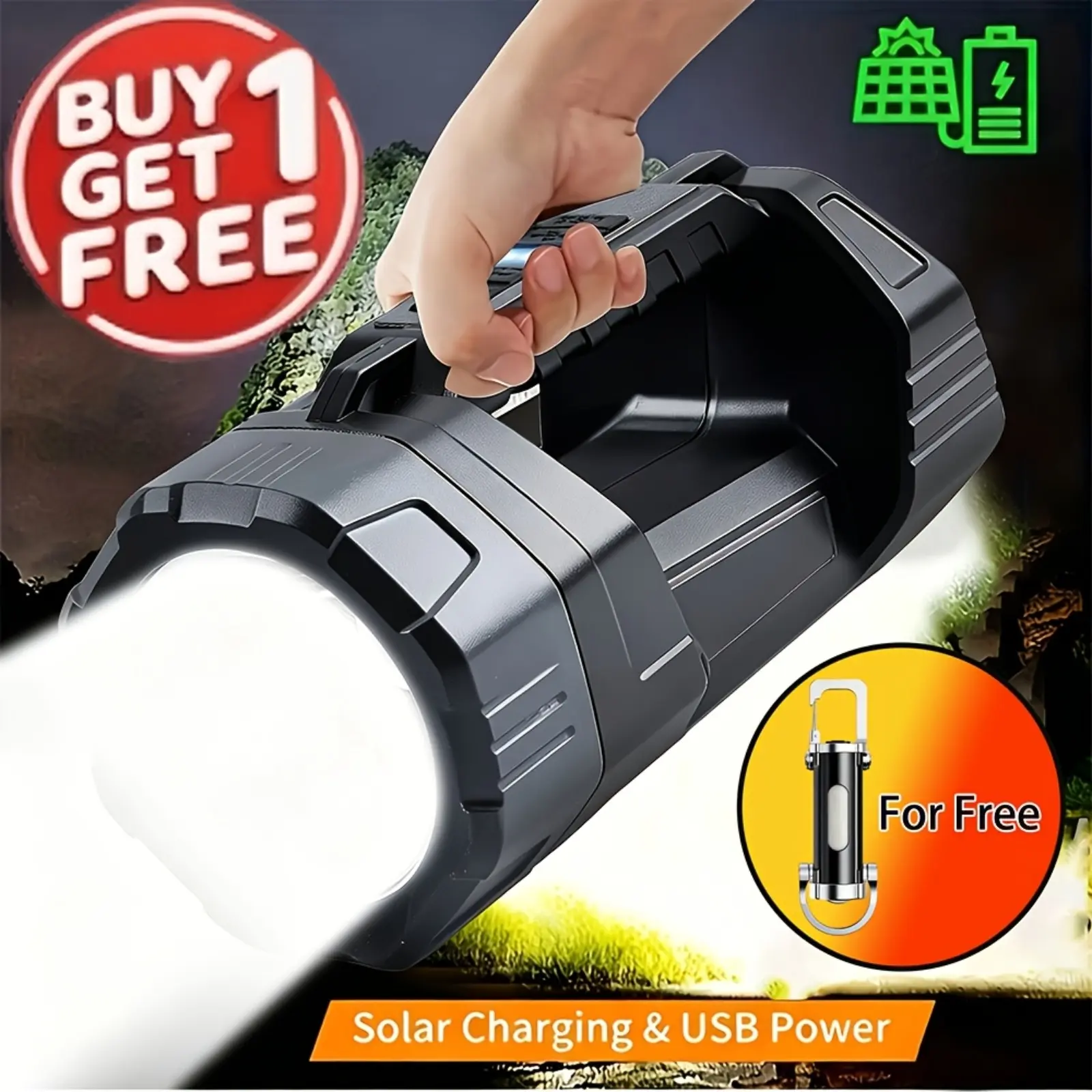 Buy 1 Get 1 Free (Total 2pcs) Multifunctional Solar LED Flashlight - COB Side Light, USB Rechargeable Handheld Searchlight with Power Display, Portable Emergency Lantern for Camping, Hiking