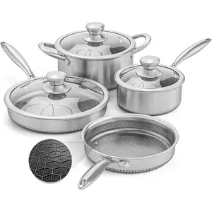 (R) Hybrid Nonstick Stainless Steel Pots and Pans Set, Induction Cookware Set with Tempered Glass , Non-stick Pot and Pan Set Suitable for  Cooktops, , Dishwasher & Oven Safe