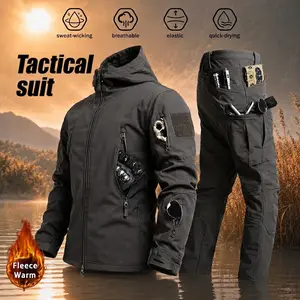 Men’s new thick fleece two-piece set featuring a windproof jacket and hooded sweatshirt, designed for autumn and winter, with multiple pockets, stretch fabric, and thermal insulation—ideal for hiking, skiing, fishing, and outdoor activities. Tactical styl