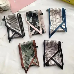 Spring and summer women's printed silk scarf, high aesthetic narrow hairband, bag accessory, neck scarf, long thin ribbon for women