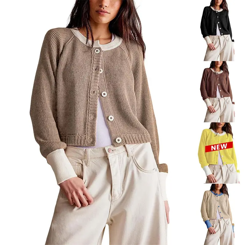 JovenPara Women's Color Block Cropped Knitting Cardigan - Basic Long-Sleeves Button-Down Casual Women's Knitwear Tops